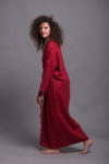 Side view of the linen kaftan maxi dress, highlighting hidden side pockets and ankle-length hemline.