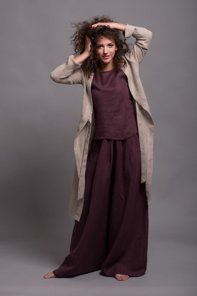 Linen palazzo pants styled with linen tank top MAHA, front view
