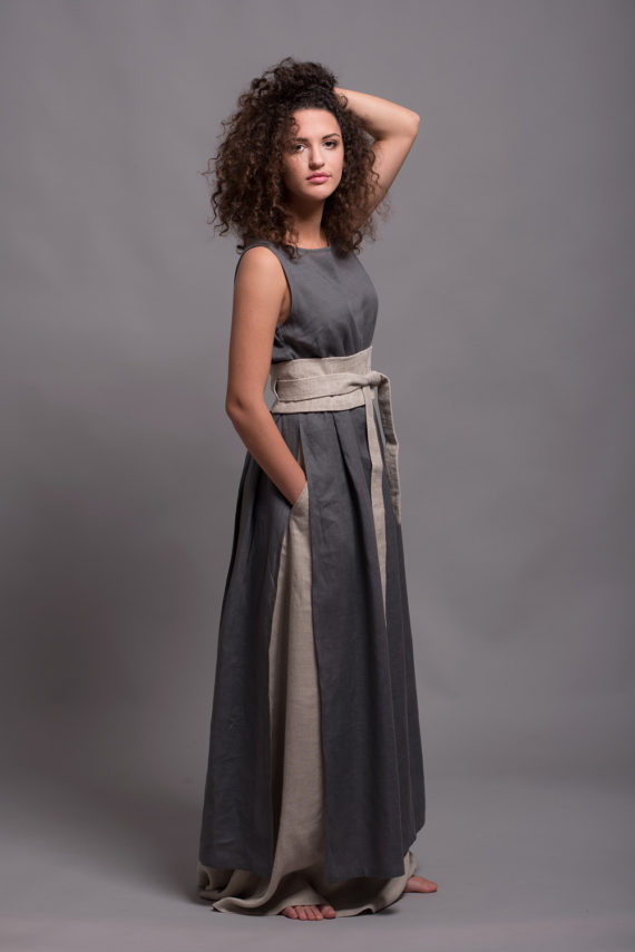Side view of the Wrap Belt MARU tied around a tunic, emphasizing its Japanese-inspired design