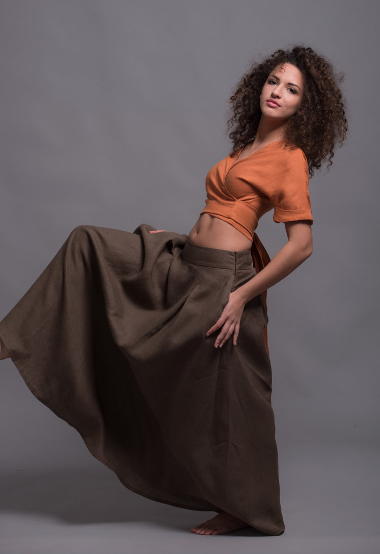 Reversible linen wrap top with long adjustable straps for a custom fit