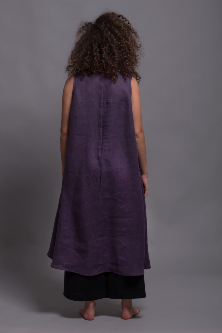 Back side of Casual sleeveless linen dress in Royal Purple, perfect for everyday wear.