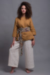 Model wearing the SOVA blouse with Floral Obi Belt, demonstrating its comfort and ease of movement.