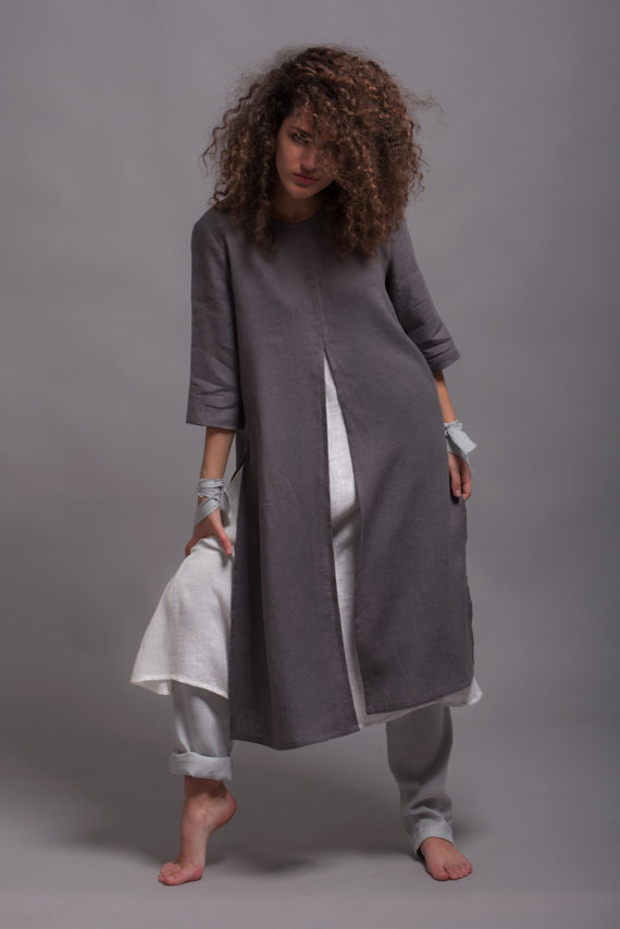 Front view of the Ladies Linen Tunic Dress AYA, highlighting the A-line silhouette and round neckline.