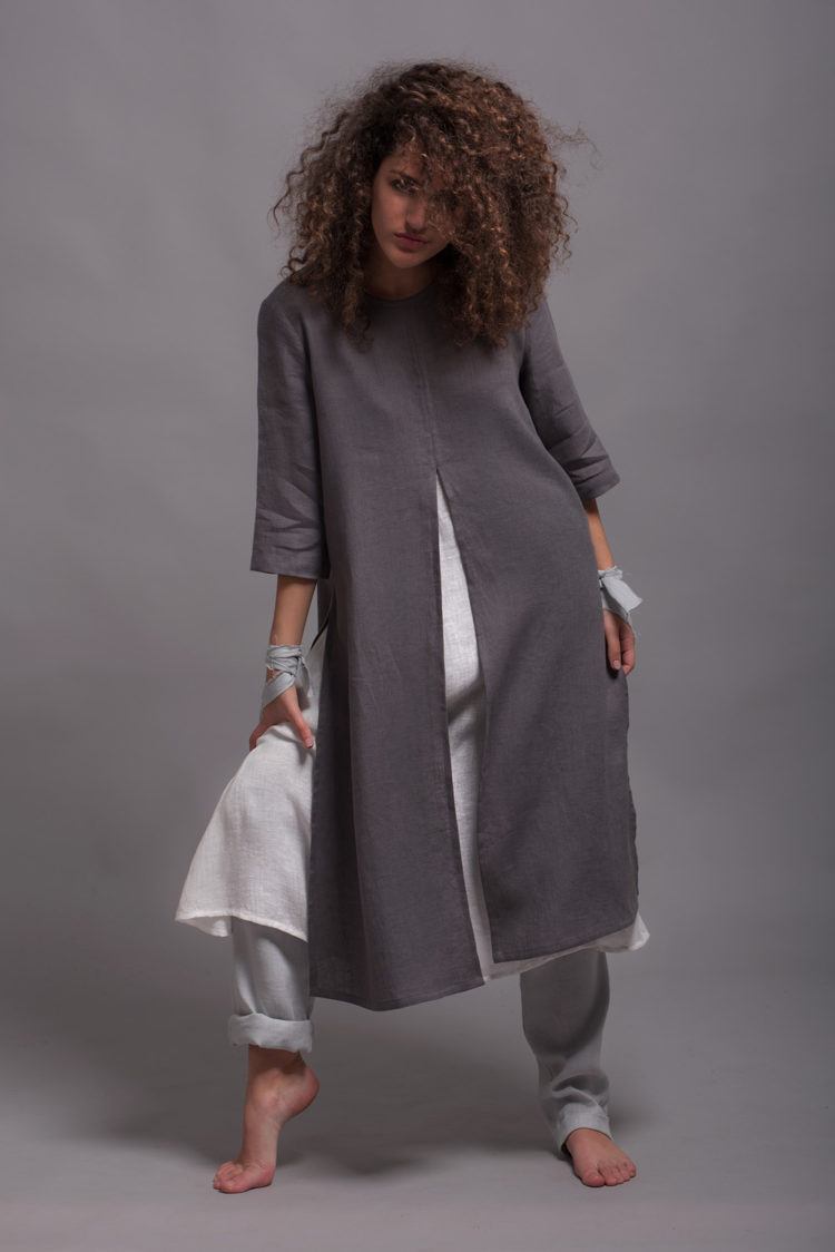 Front view of the Ladies Linen Tunic Dress AYA, highlighting the A-line silhouette and round neckline.