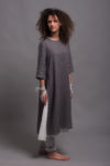 Front View of the Shark Skin Gray color and natural linen texture of the Ladies Linen Tunic Dress AYA.