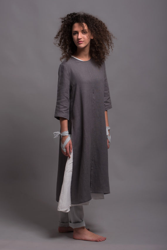 Front View of the Shark Skin Gray color and natural linen texture of the Ladies Linen Tunic Dress AYA.