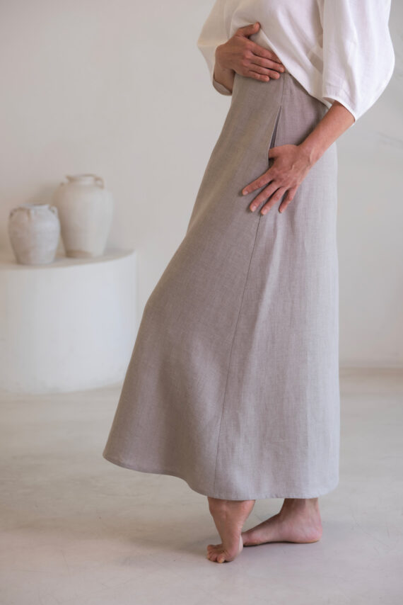 Gray linen maxi skirt for women with clean minimalist silhouette