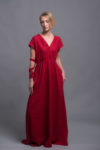 Front view of the Linen Maxi Dress EVA in red, featuring a V-neckline and A-line silhouette.
