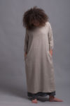 Front view of the Linen Shift Dress NIKA, displaying the straight hemline and mid-calf length.