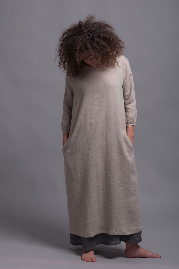 Front view of the Linen Shift Dress NIKA, displaying the straight hemline and mid-calf length.