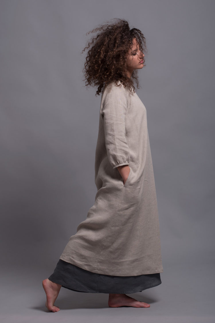 Full-length view of the NIKA dress styled with underdress for a relaxed, everyday outfit