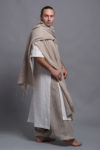 Minimalist men's linen shawl in classic neutral tones paired with white linen Jellaba and summer linen harem pants