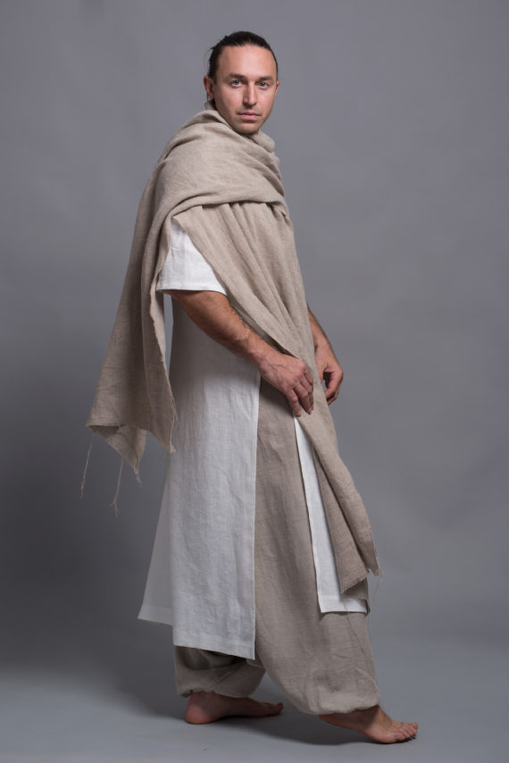 Minimalist men's linen shawl in classic neutral tones paired with white linen Jellaba and summer linen harem pants