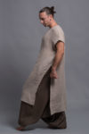Tall Harem Pants for Men in Earthy Brown – Loose-fitting and lightweight linen harem pants designed for ultimate comfort, paired with sleeveless linen tunic in natural flax coarse fabric.