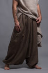 Drop Crotch Harem Pants in Brown Linen – Relaxed fit men's harem pants with an elastic waistband and deep pockets.