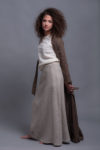 Model wearing a warm linen maxi skirt, styled with a cozy linen long jacket for fall.