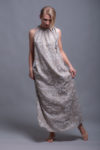 Front view of the Printed Linen Dress TAYA, showcasing the halter tie-neck and A-line silhouette.