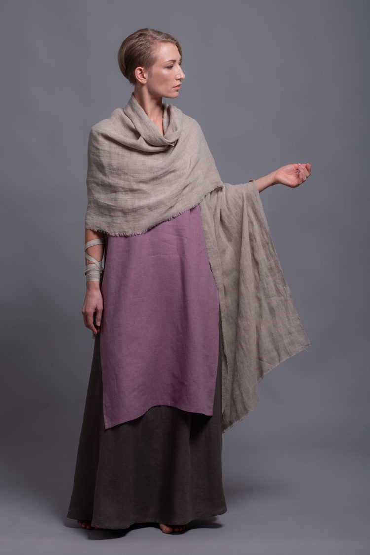 Natural linen shawl wrap draped over shoulders