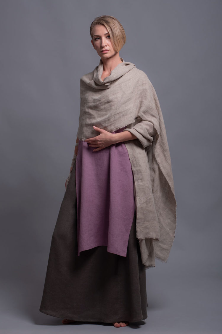 Extra-long natural linen shawl elegantly layered