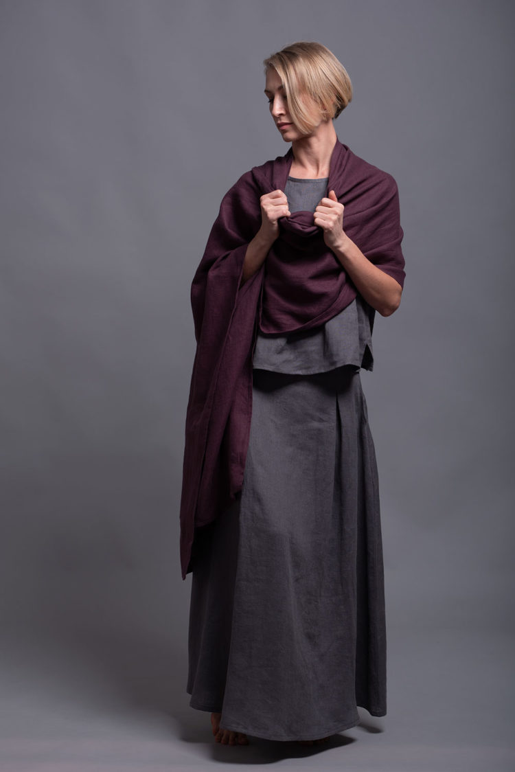 Medium-weight linen shawl wrap styled as a cozy scarf