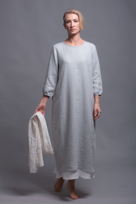 Front view of the Shift Linen Dress NIKA in silver gray, styled with the white OLA underdress