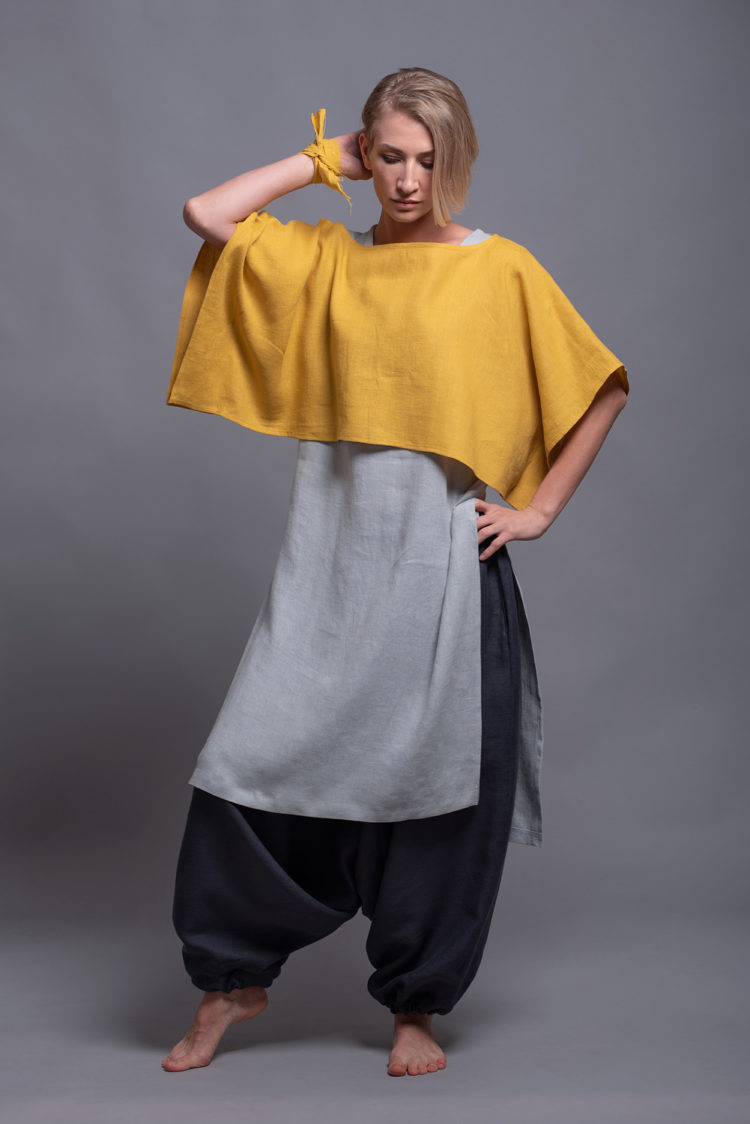 Model wearing the linen lagenlook top DION layered over a tunic for a modern outfit.