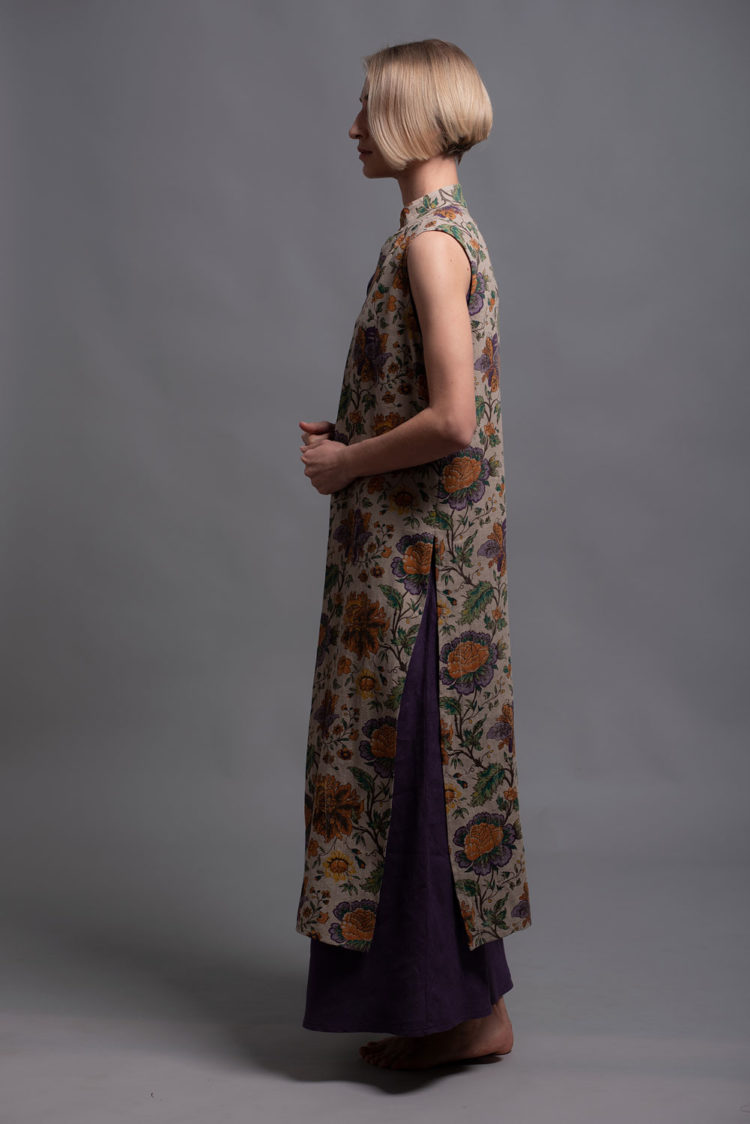 Model styled in the Long Linen Vest GAYA over a casual linen dress