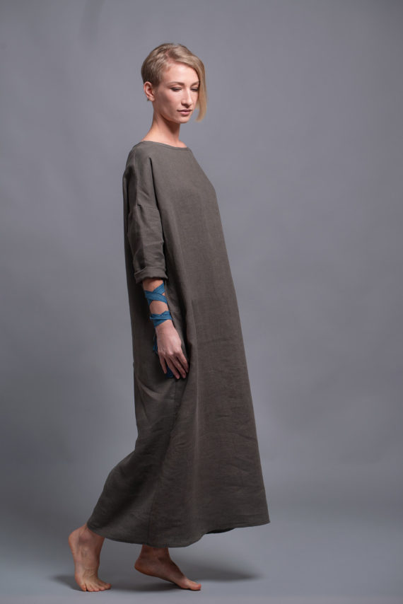 Bohemian-inspired linen kaftan dress with a flowing silhouette, perfect for layering