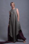 Model wearing the Maxi Linen Tunic Dress YUCCA in khaki, featuring a boat neckline and asymmetrical hem