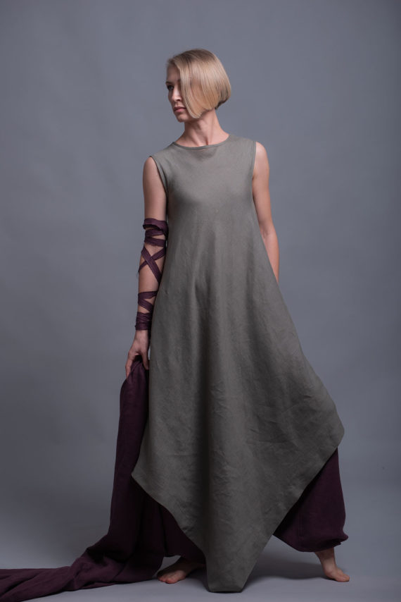 Sleeveless linen tunic dress with hidden side pockets and a flowing A-line silhouette