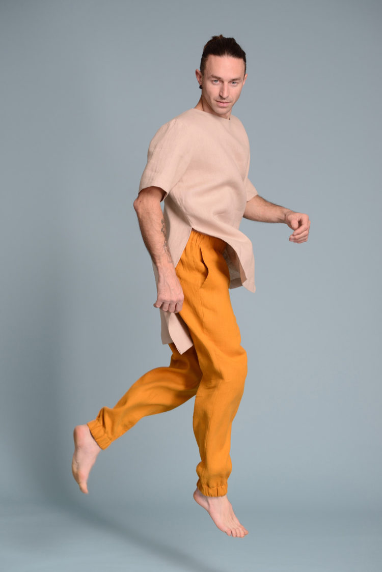 Comfotable and free moving Men's Linen outfit with yellow pants and long tunic