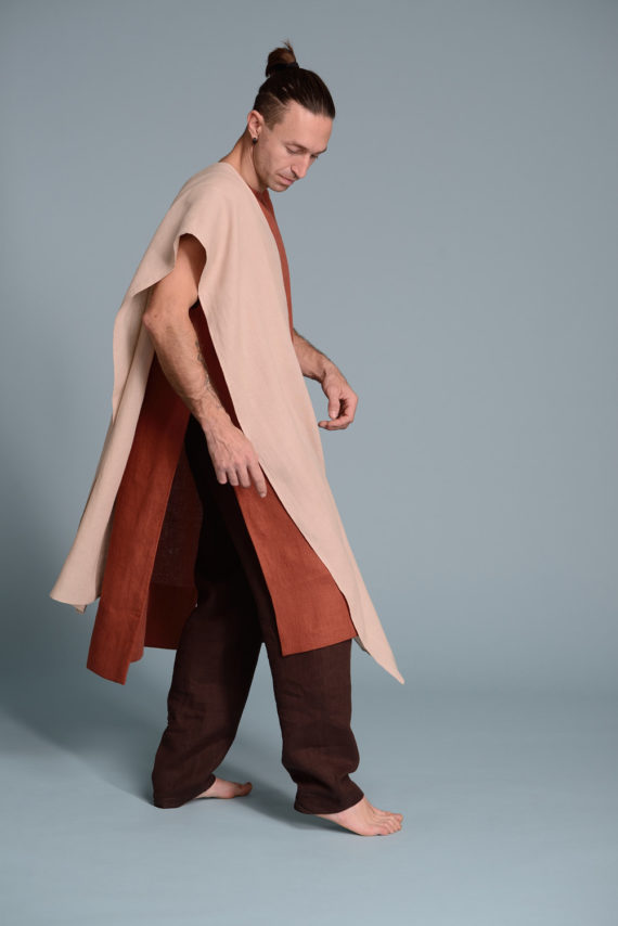 Versatile unisex linen scarf styled casually over a men's linen tunic.