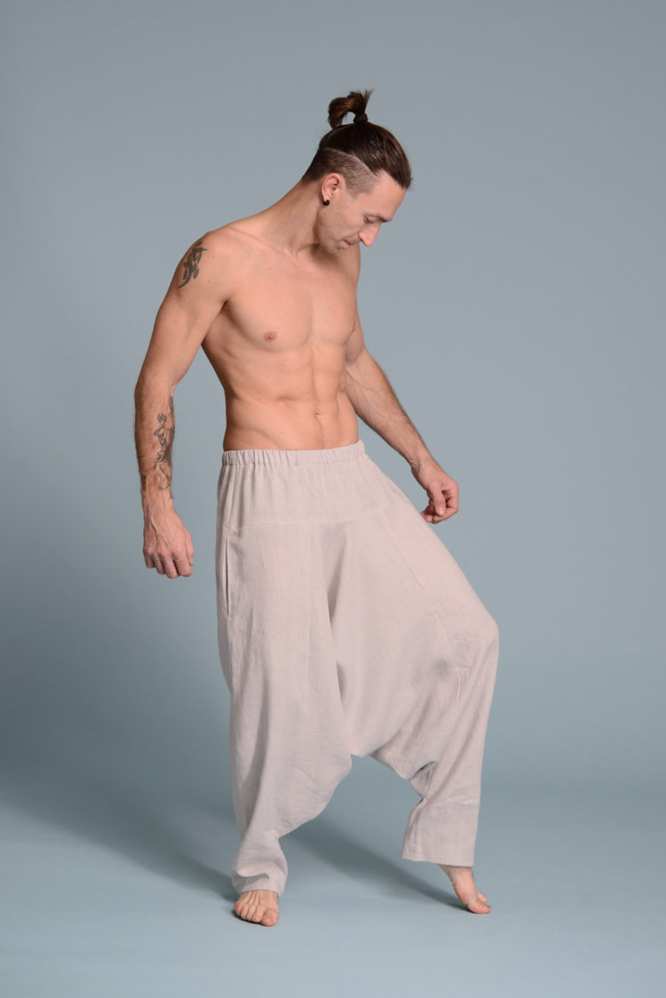 Folded linen harem pants, highlighting the soft and breathable natural linen fabric