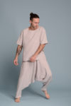 Bohemian-style low crotch harem pants paired with Men’s linen t-shirt with a relaxed fit and breathable fabric