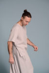 Side view of lightweight linen tee with a classic crew neckline