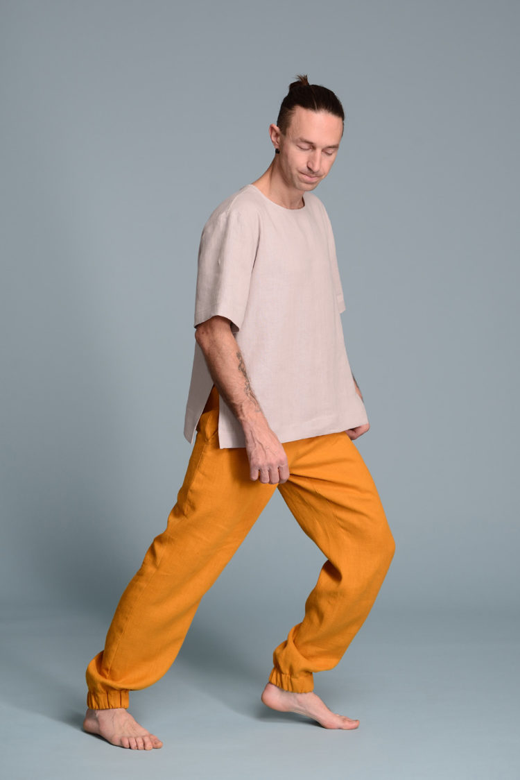 Elastic cuff linen pants for men, styled with a linen shirt