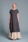 Front view of the Summer Linen Tunic in charcoal gray, featuring a sleeveless design and high side slits.