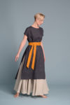 The Summer Linen Tunic in charcoal gray, layered over linen skirt with the tie fabric belt for a minimalist look