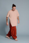 Rust-colored linen harem trousers styled with a neutral outfit
