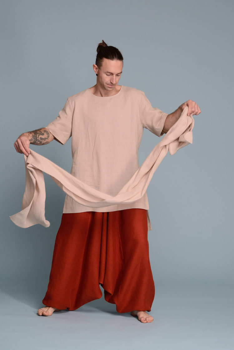 Minimalist and timeless unisex lightweight linen scarf styled with a neutral outfit.