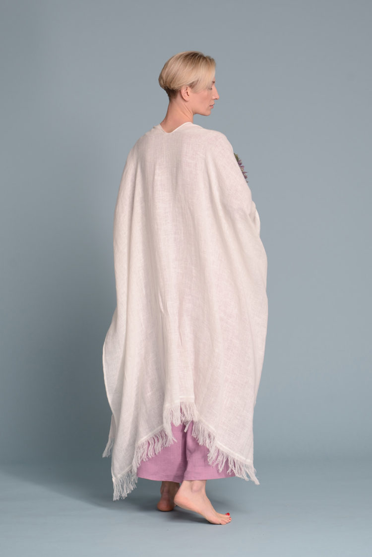 Back view of the Open-Weave Linen Cape in Black, illustrating its generous length and elegant drape