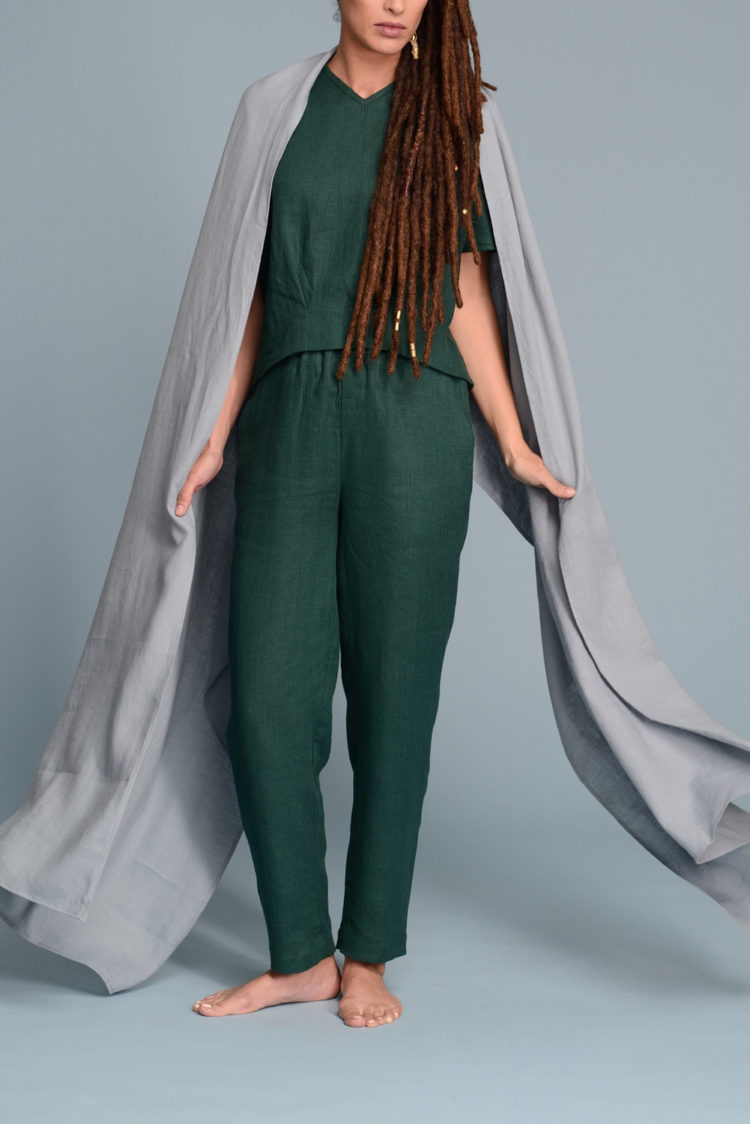 Women's custom-made linen cigarette pants available in multiple colors. Styled with extra-long linen scarf.