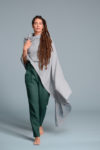 Medium-weight linen shawl elegantly wrapped around the neck