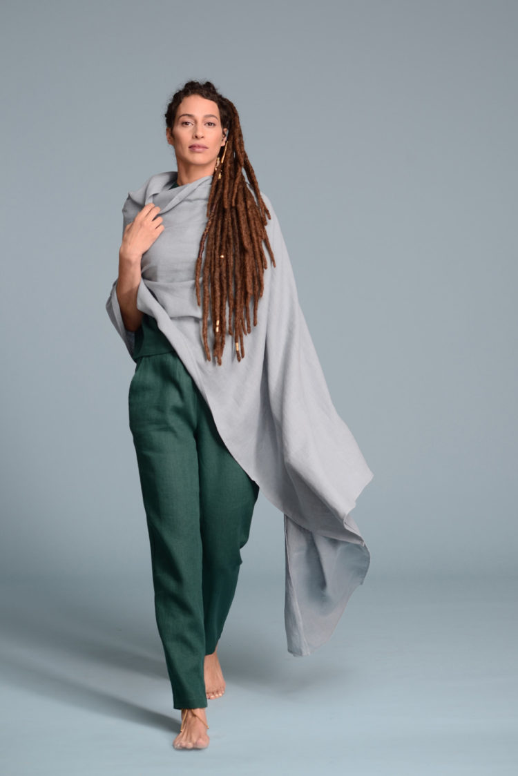 Medium-weight linen shawl elegantly wrapped around the neck