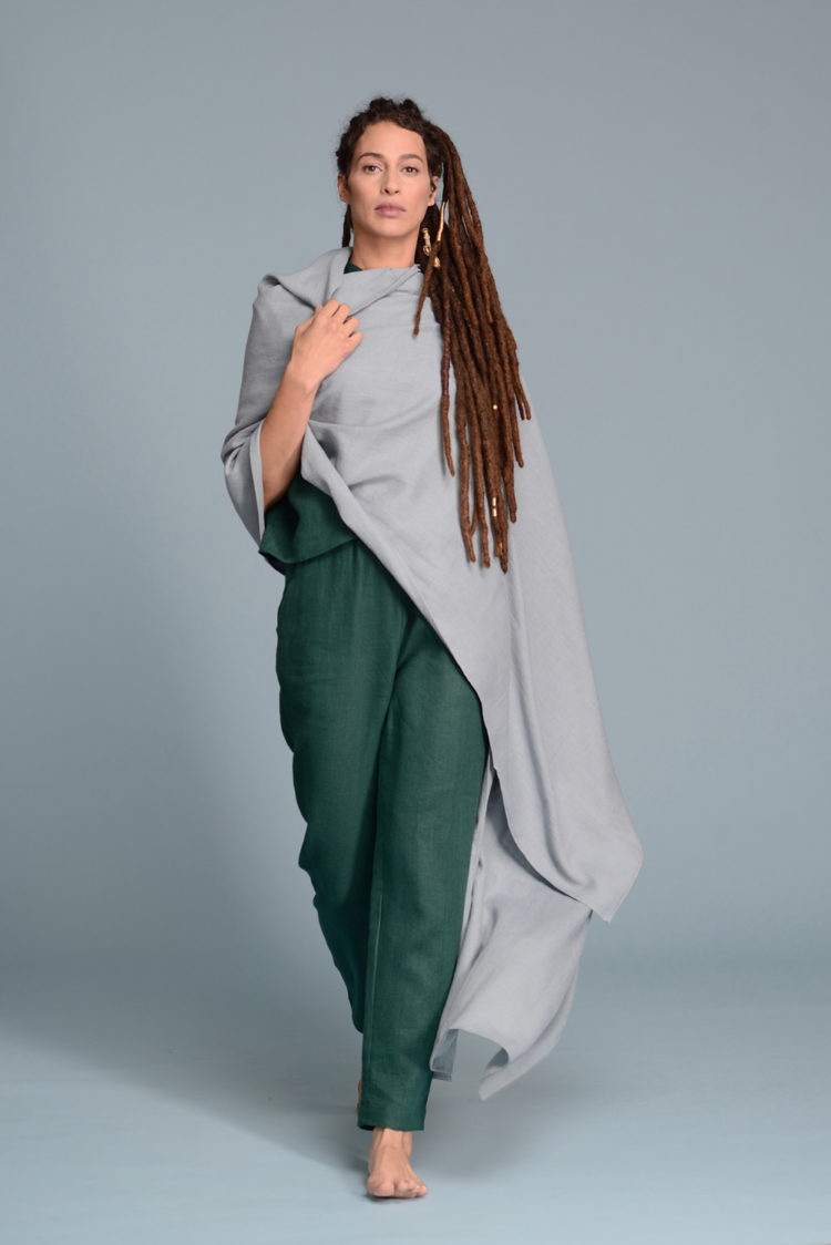 Extra-long linen wrap shawl styled as a scarf