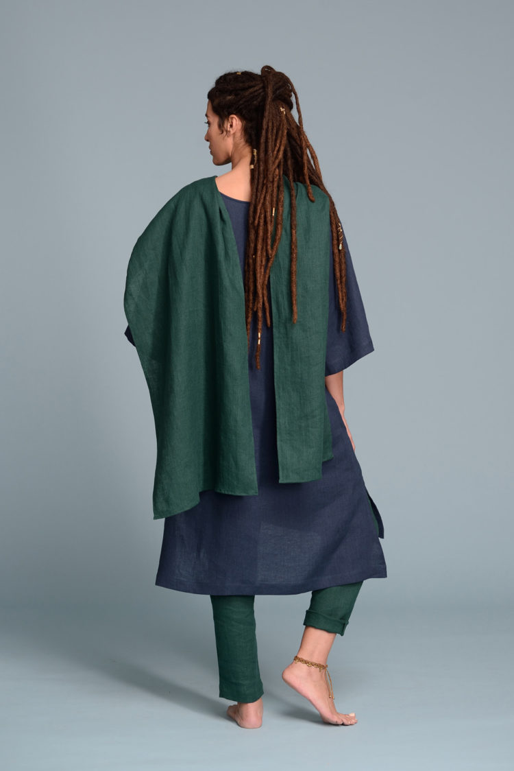 Versatile natural flax linen scarf styled as a shawl