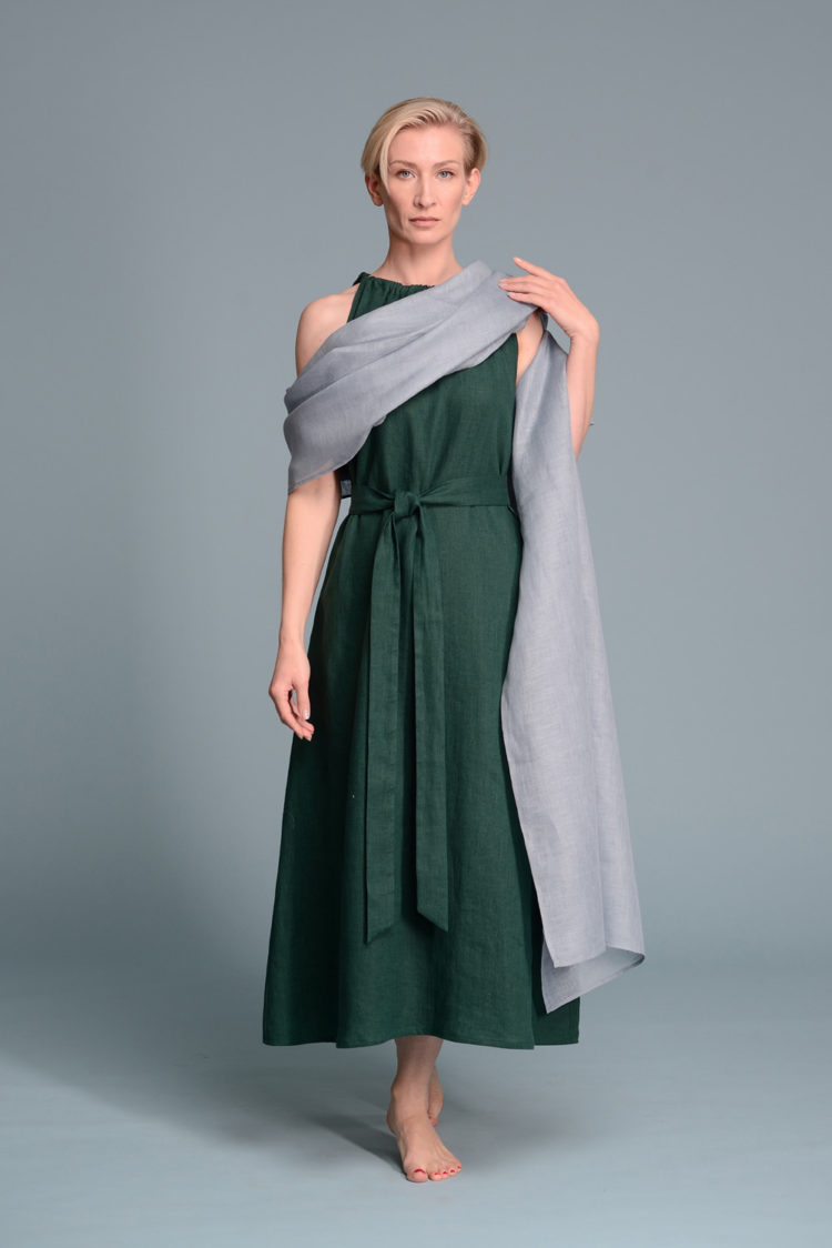 Extra-long linen wrap styled as a lightweight summer scarf