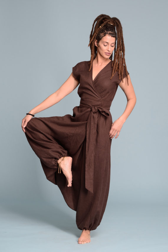 Short-sleeve Linen Wrap Jumpsuit TALISE in dark brown, suitable for warm-weather wear.