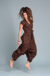 A full-length shot of the Linen Wrap Jumpsuit TALISE, showing its versatile and timeless design.