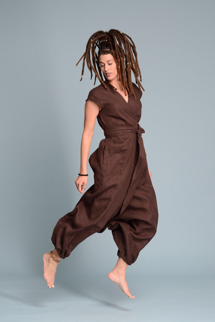 A full-length shot of the Linen Wrap Jumpsuit TALISE, showing its versatile and timeless design.
